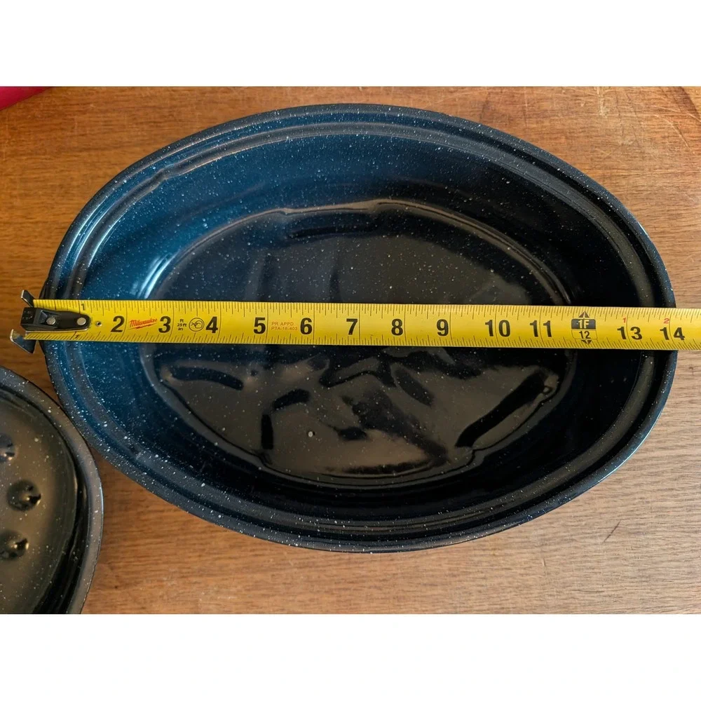 Vintage USA Blue Speckled Enamelware Oval Roasting Pan with Lid Granite Ware